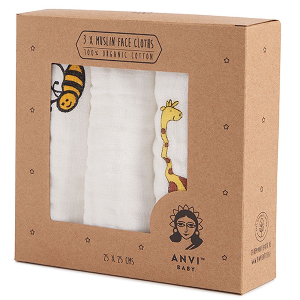 Anvi Baby - Organic Muslin Face Cloth 3pc - Yellow Creatures