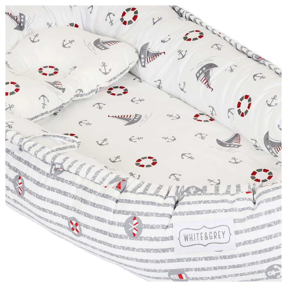 White&Grey - Baby Nest With Pillow - Anchor/Boat